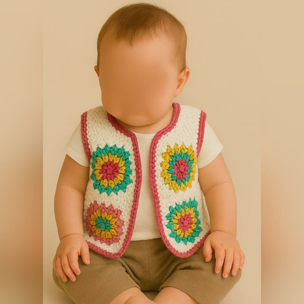 Handmade Crochet Colorful Baby Vest with Granny Square Patterns - Picture 4 of 13
